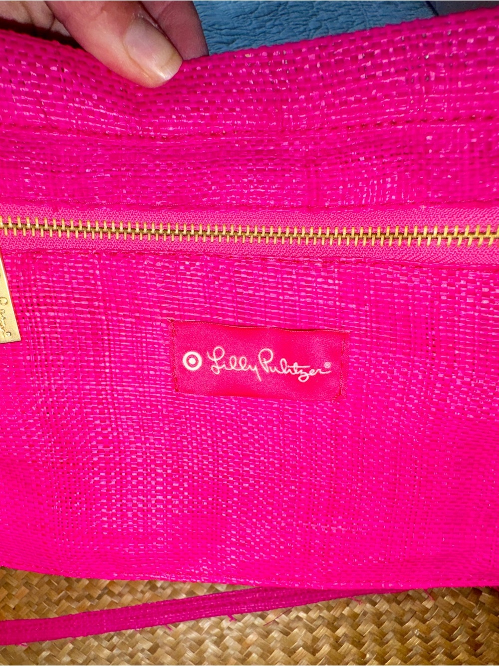 Lilly Pulitzer for Target Hot Pink Straw Tote with Brown Handles & Green Scarf - Picture 7 of 7